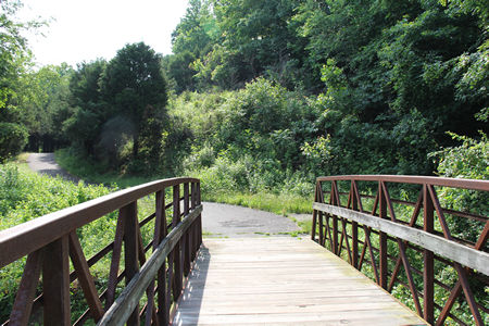 A trail intersects from the right after crossing this bridge. Stay straight on the current trail.