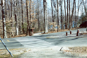 The path crosses the road at the marina parking lot.  Turn left at the trail intersection by the lake.