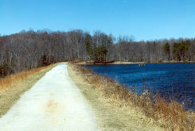 The trail crosses the dam.