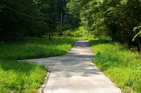 An asphalt trail intersects from the left. Continue straight on the present trail.