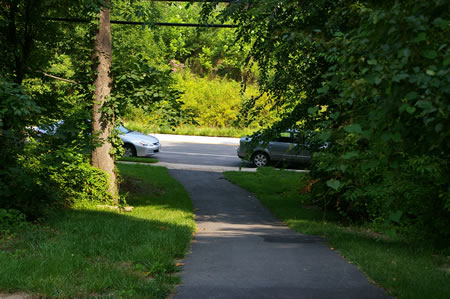 The trail intersects with Hooes Rd. Turn right to follow that road.