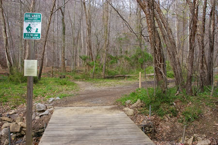 The trail joins another trail at a bridge. Cross the bridge and follow the trail to the right.
