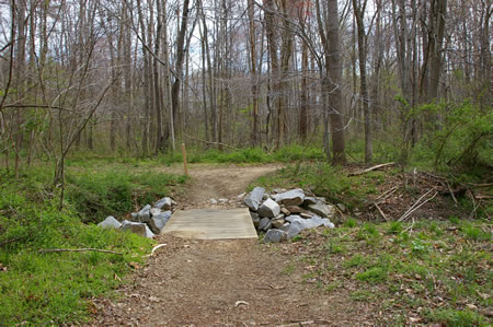 The trail crosses a bridge. Take the trail to the right after crossing the bridge.
