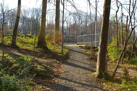 A stone trail leaves the woods and enters a parking area for the ballfield. Follow the access road to Old Keene Mill Road and the next section of trail.