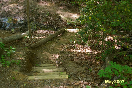 Proceed down this steep hill on the steps shown to cross a gully and side stream.