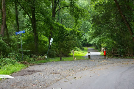 The paved road ends at Pineridge Dr. Continue straight on the trail as it continues to follow the creek on the left.