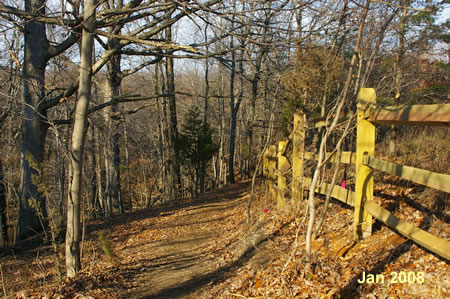 The trail switches back and goes down a slope next  to a fence.