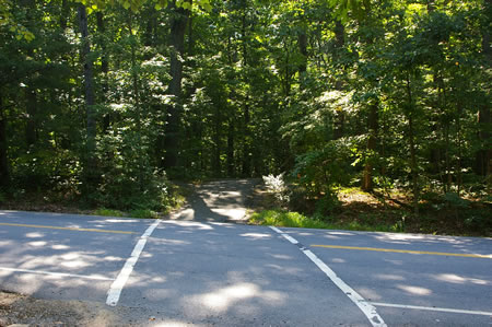 The trail turns left at the entrance to the tennis courts and crosses Colts Neck Rd.