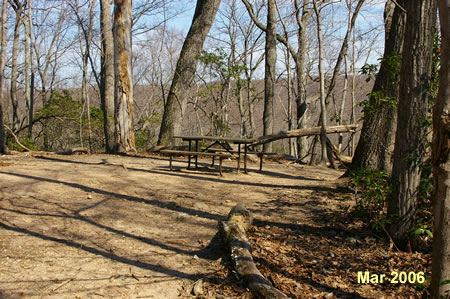 A picnic table can be seen on the right side of the trail overlooking the river.