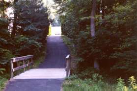 The trail turns left and crosses the stream on a bridge.