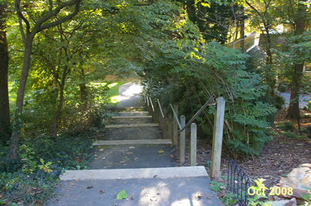 The trail goes down steps to the lake shore.