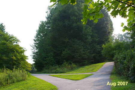 An intersecting asphalt trail forms a triangle with this trail.  Take the trail to the left here to continue along the lake.