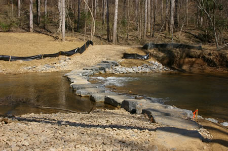 Turn left to cross the stream on flat topped boulders.
