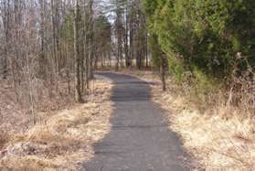 The picture shows the intersecting path leading into Stratton Woods Park.  Continue straight on the present path.
