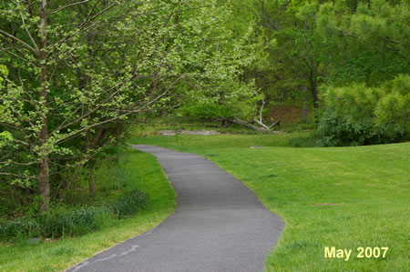 The trail passes a wooded area on the left.