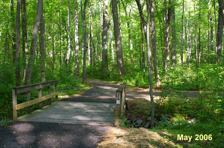 After crossing a bridge an asphalt trail intersects from the right.  Keep straight on the present asphalt trail.