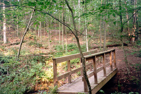 The trail crosses a bridge and goes up a hill.