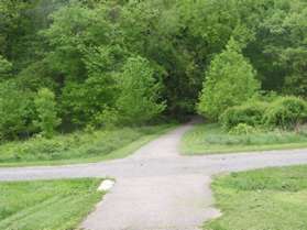 The path crosses a gravel service road.  Stay on the path as it enters the woods.