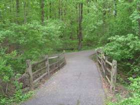 The path crosses a bridge.  Turn left onto the intersecting trail.